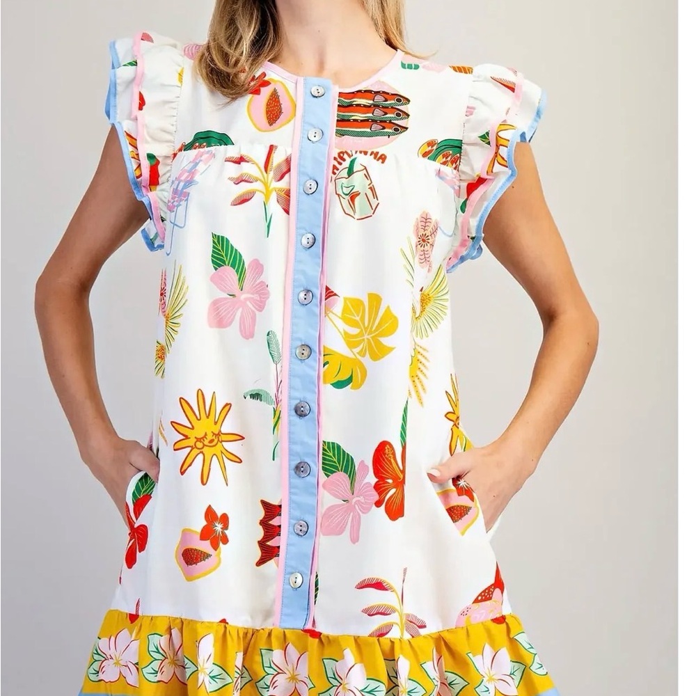 eesome White Tropical Print Ruffle Dress with Blue Trim